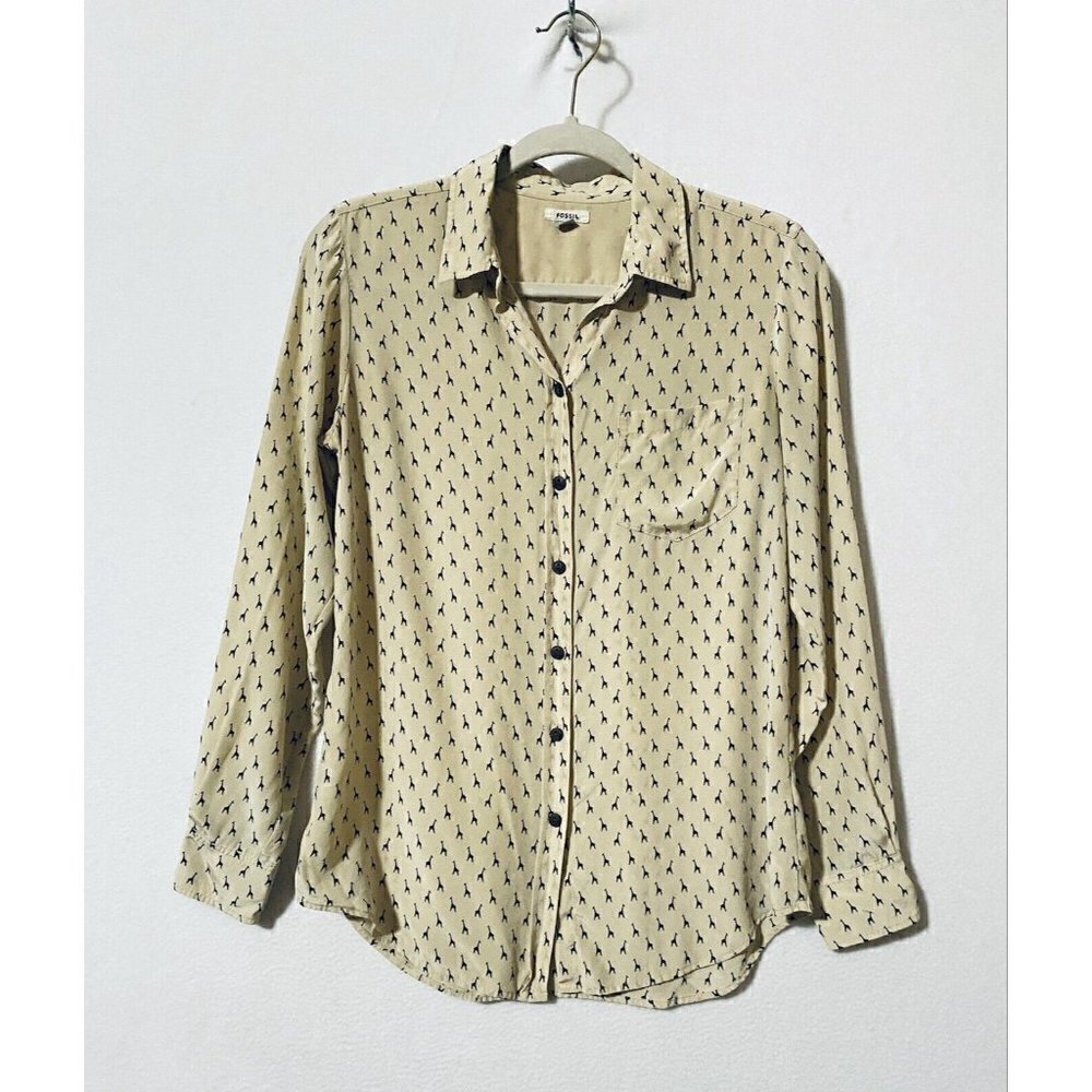 Fossil Womens Small Giraffe Print Button Up Top Silk Long Sleeves Lightweight